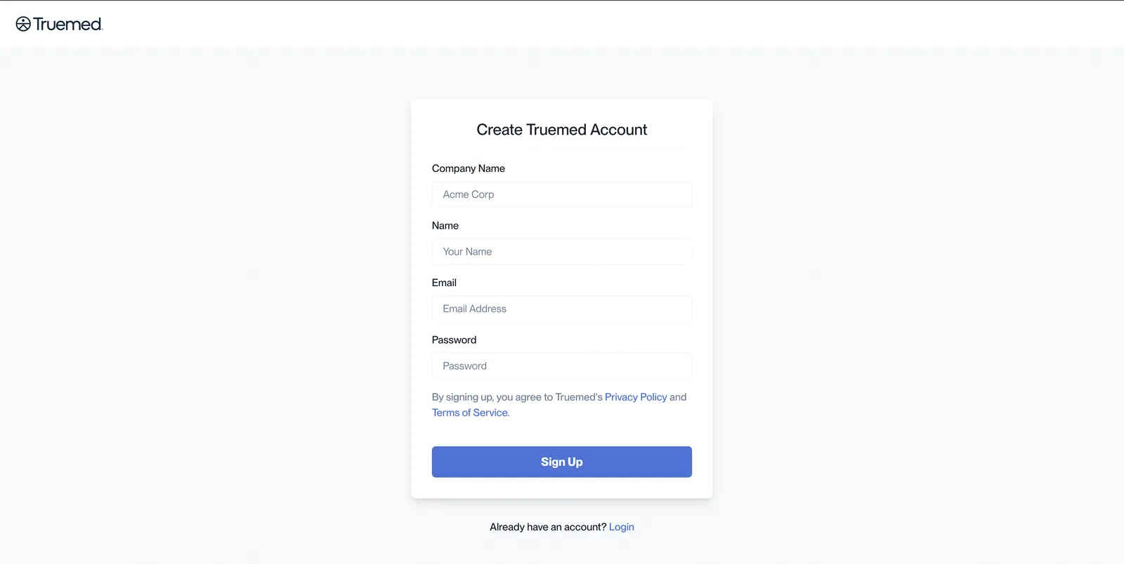 Truemed account login screen