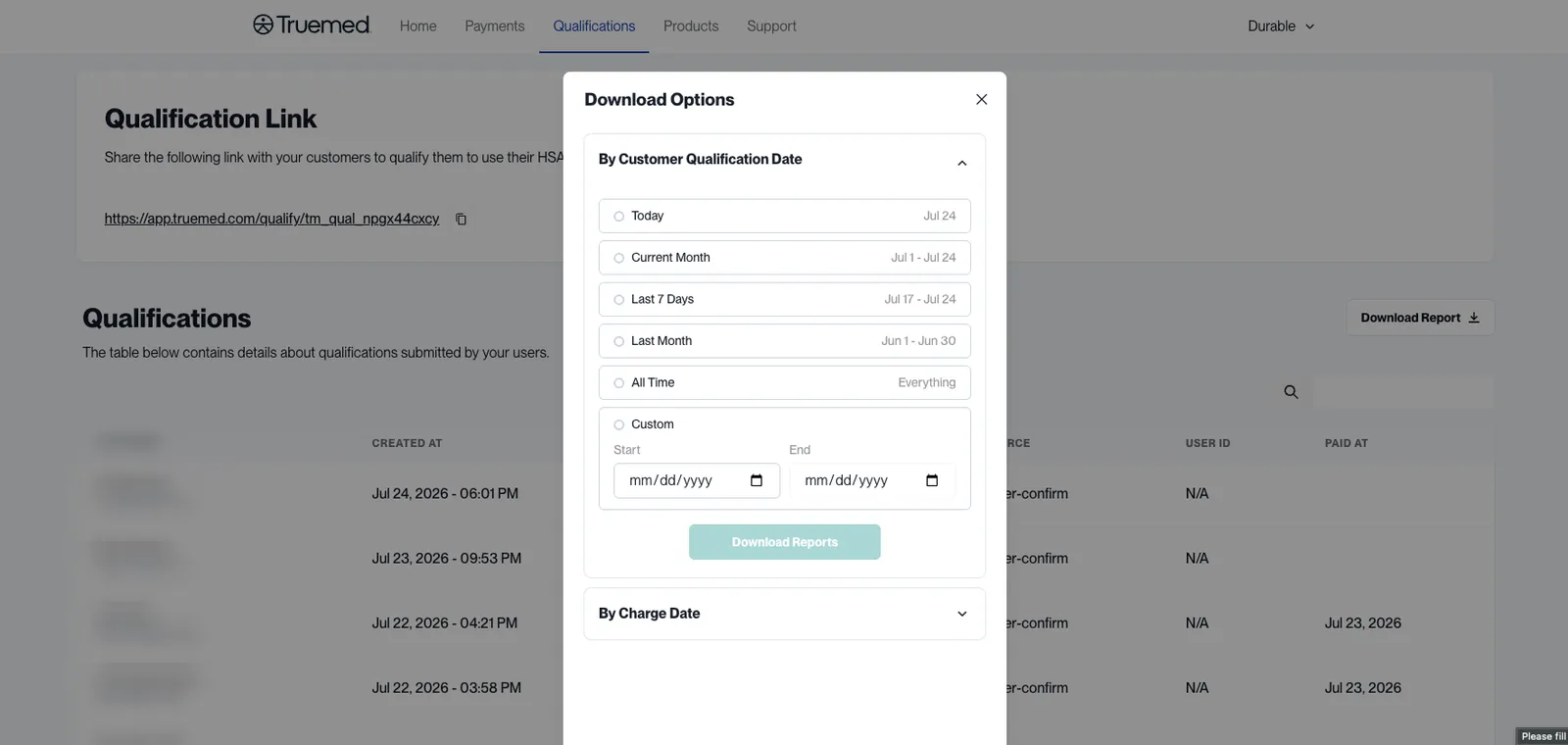 Truemed Dashboard Qualifications download options