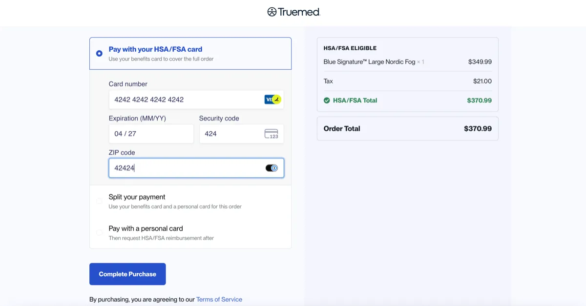 Truemed payment page for HSA/FSA card entry