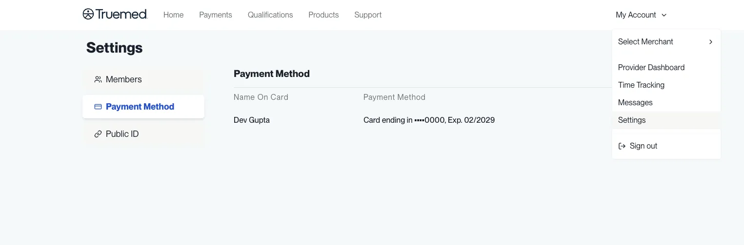 Truemed Dashboard Settings page showing the Payment Method tab