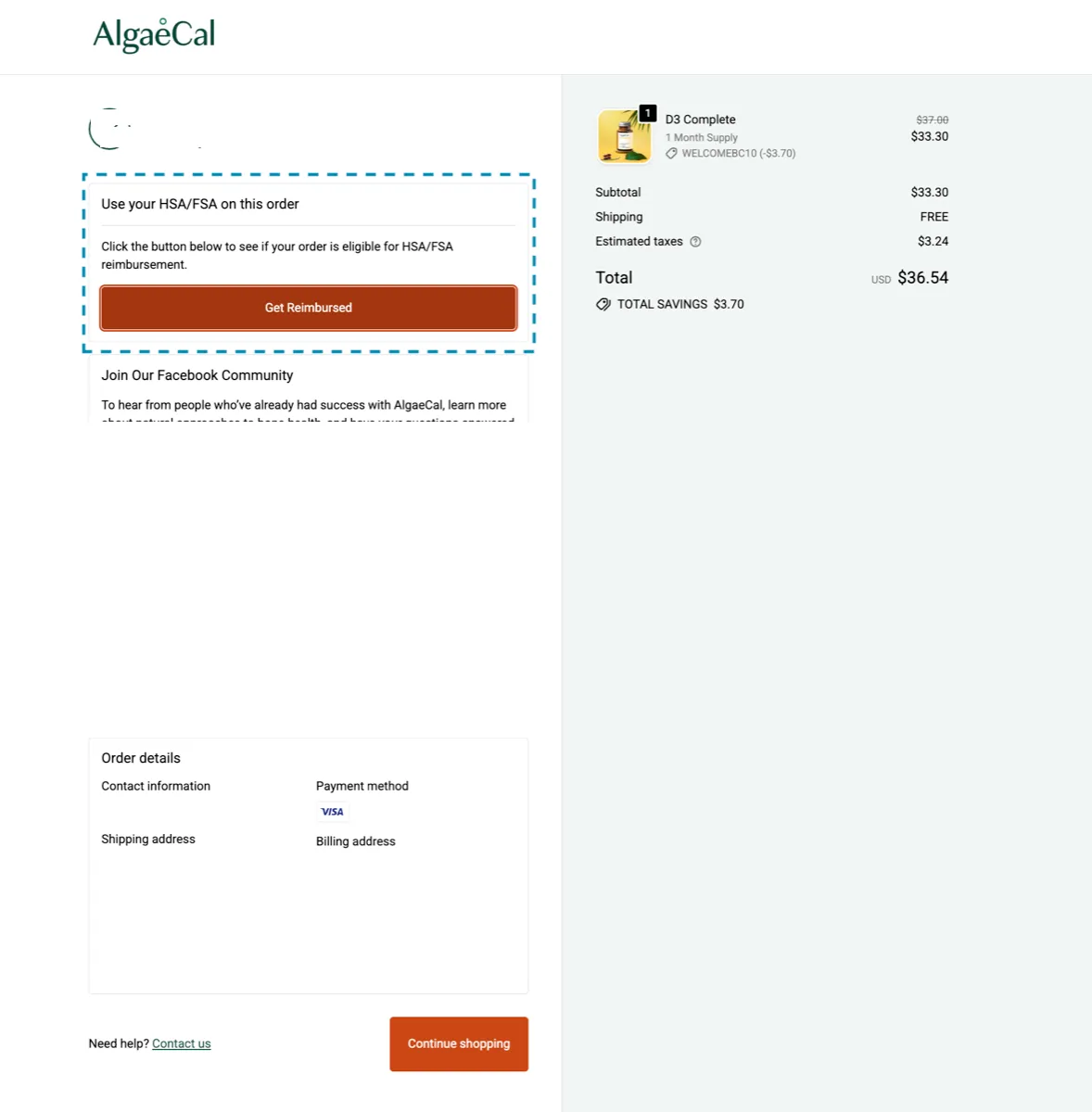 Order confirmation page with the Truemed link