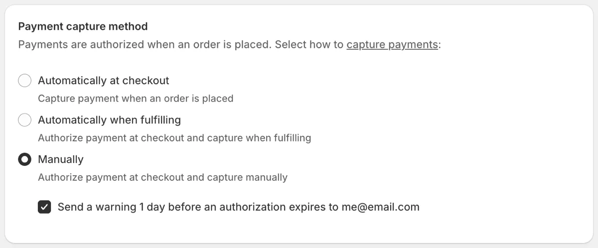 Shopify capture method settings
