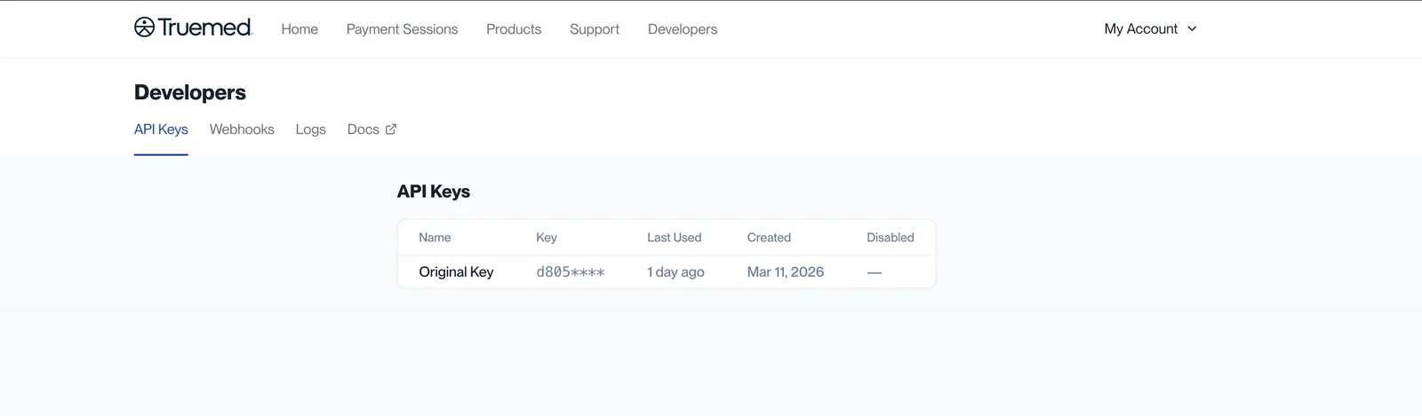 Truemed Dashboard Developers API Keys tab
