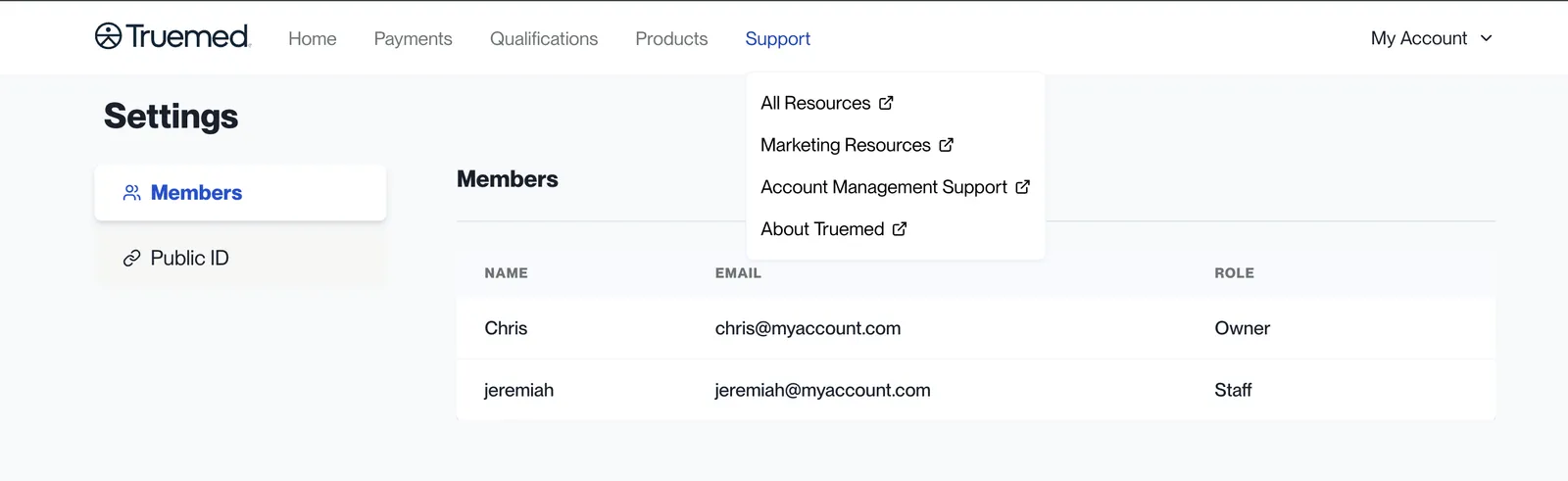 Truemed Dashboard Support menu showing resource links