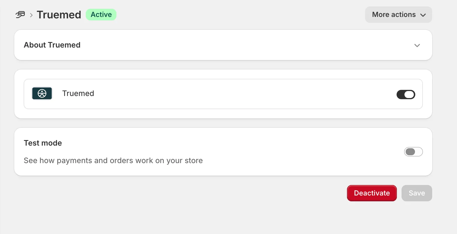 Truemed Payments App settings page showing the Active status