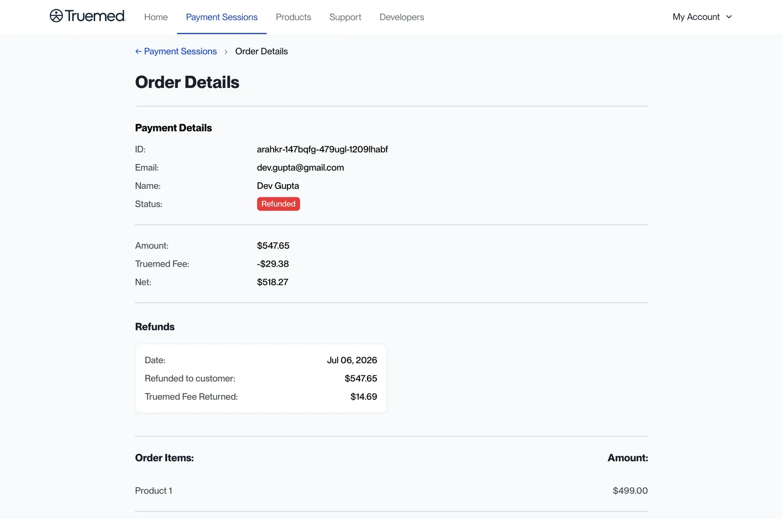 Truemed Dashboard Order Details page for a payment session