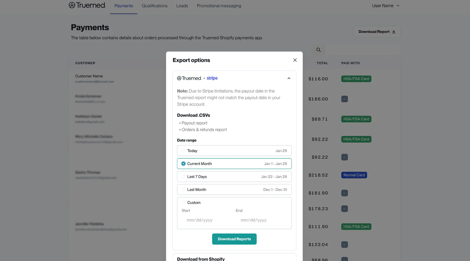 Downloading reports from the Payments Dashboard