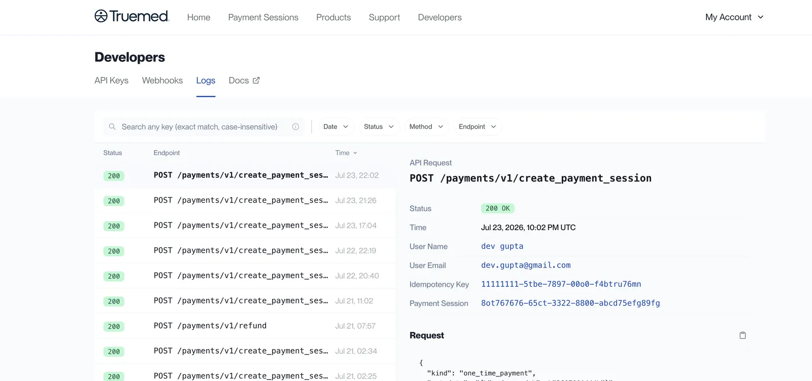 Truemed Dashboard Developers Logs tab with request detail