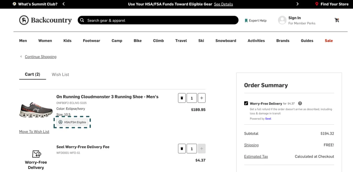 Cart and checkout reinforcement signals for HSA/FSA eligibility
