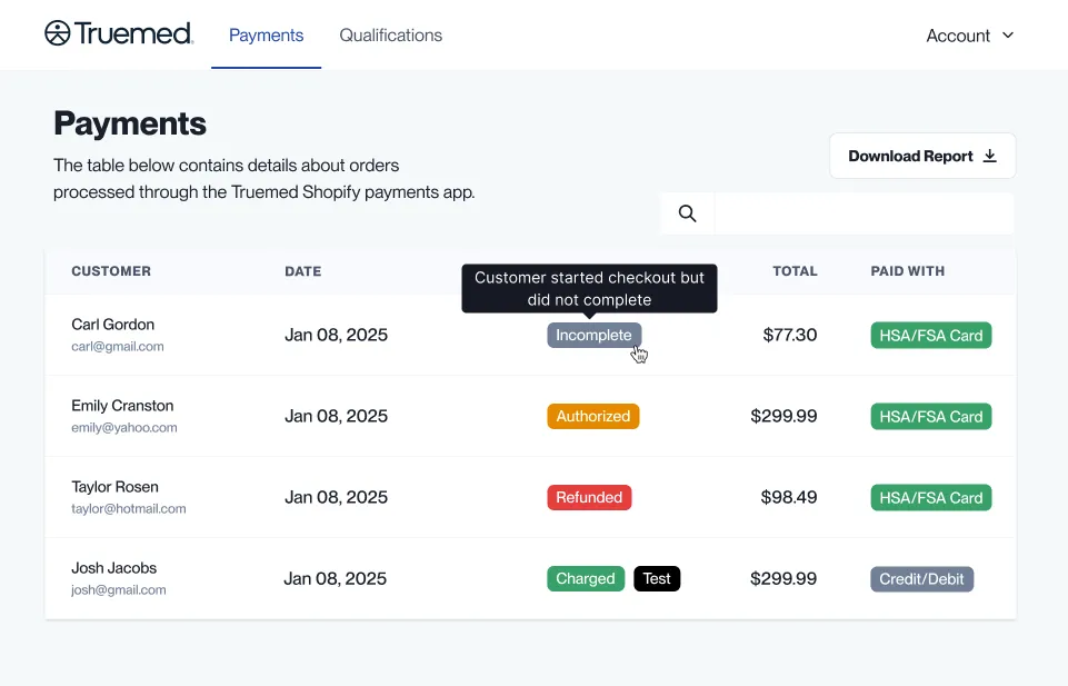 Transaction statuses in the Truemed Dashboard