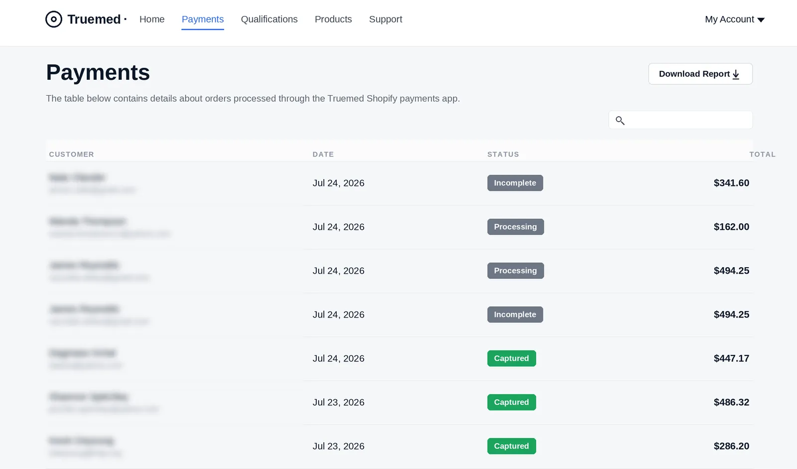 Truemed Dashboard Payments page listing customer payment attempts and statuses