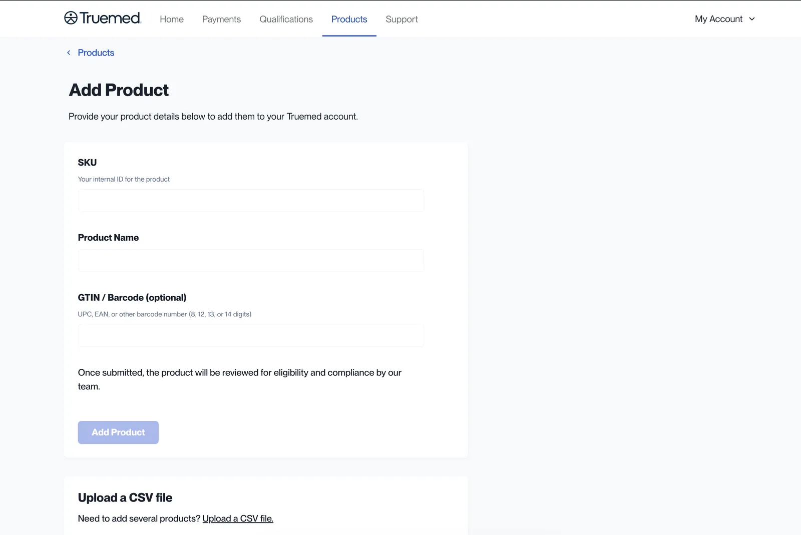 Truemed Dashboard Add Product form