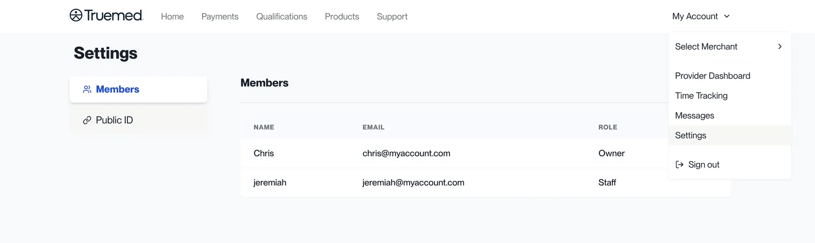 Truemed Dashboard Settings page showing the Members list and Public ID tab