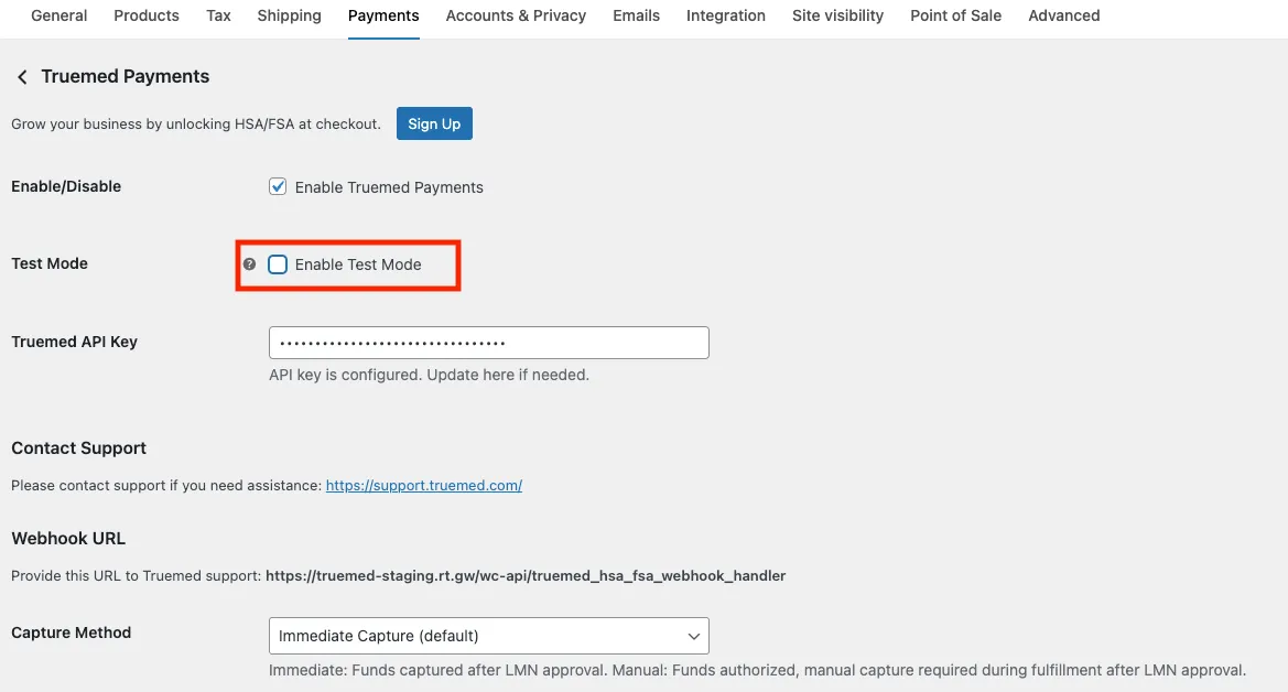 Test mode settings with API key and Enable Test Mode checkbox