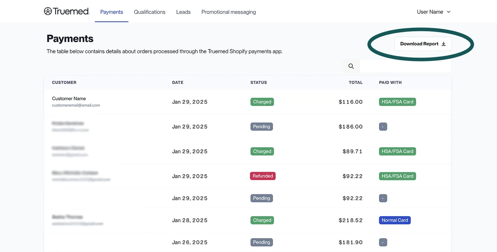 Payments and refunds report example