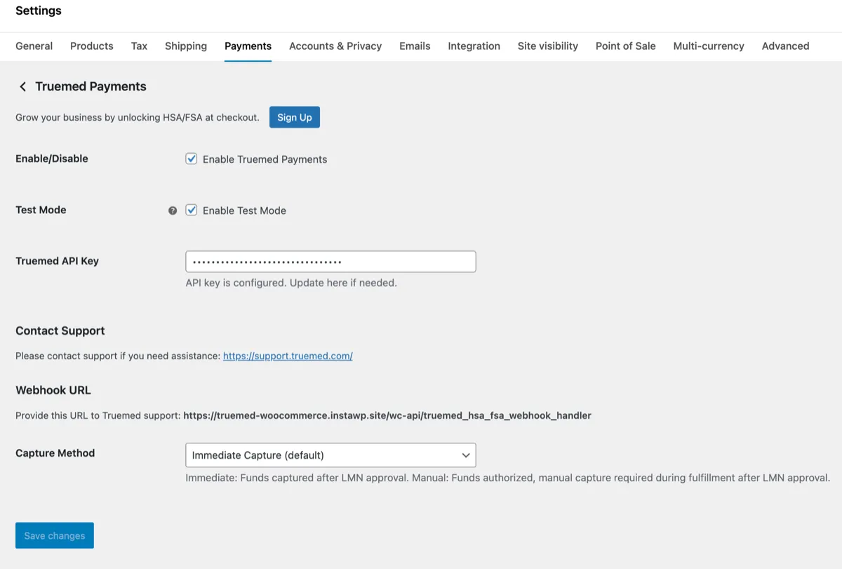 Truemed plugin settings with API key and test mode