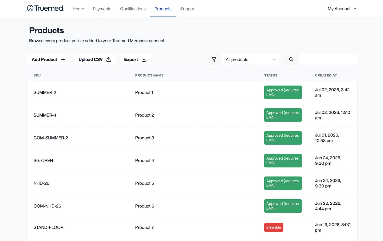 Truemed Dashboard Products page listing added products and their statuses