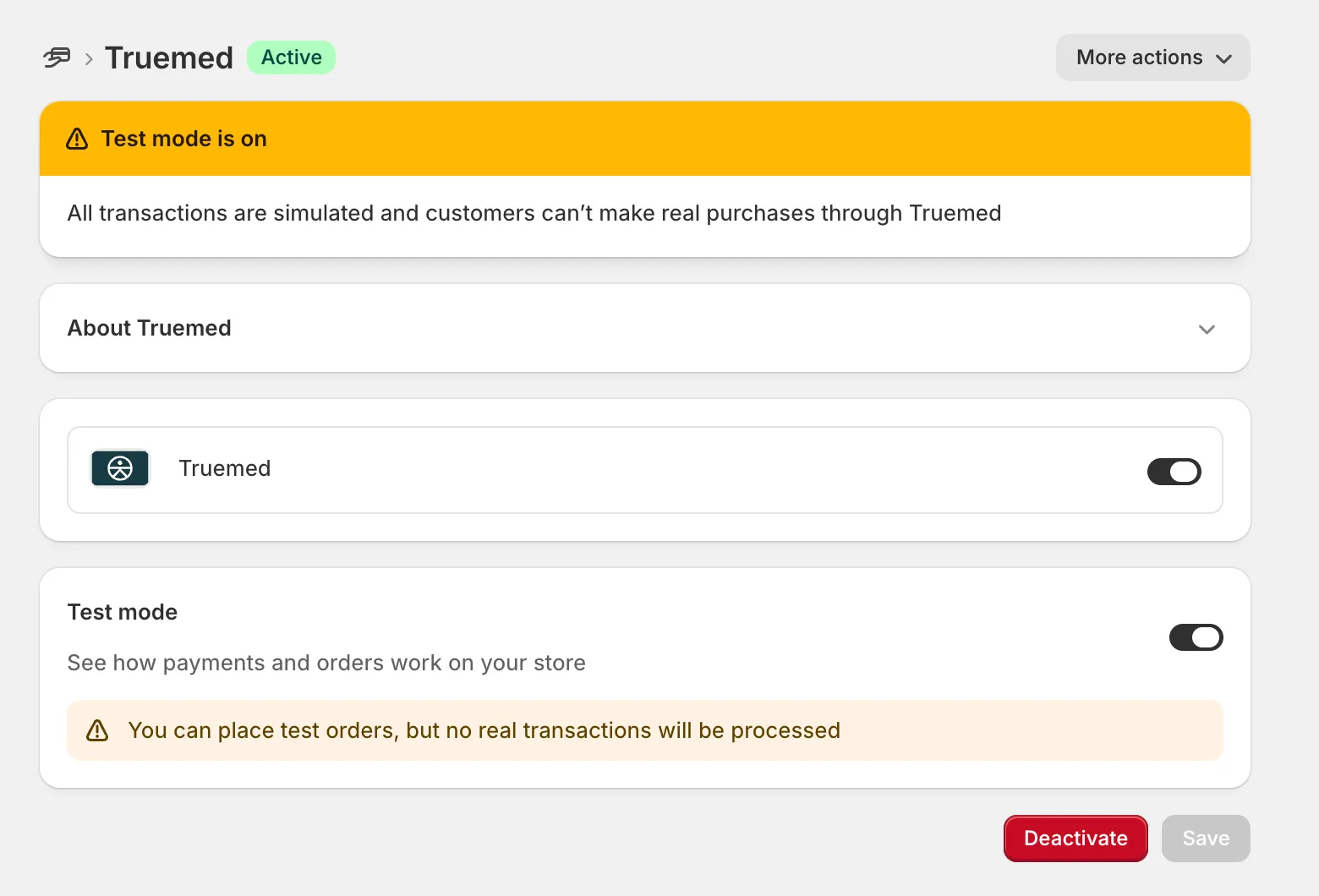 Truemed app settings page with Test mode turned on, showing the test mode banner