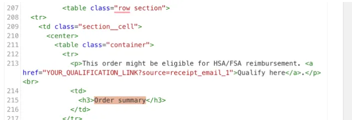 Post-purchase email example with HSA/FSA reimbursement link