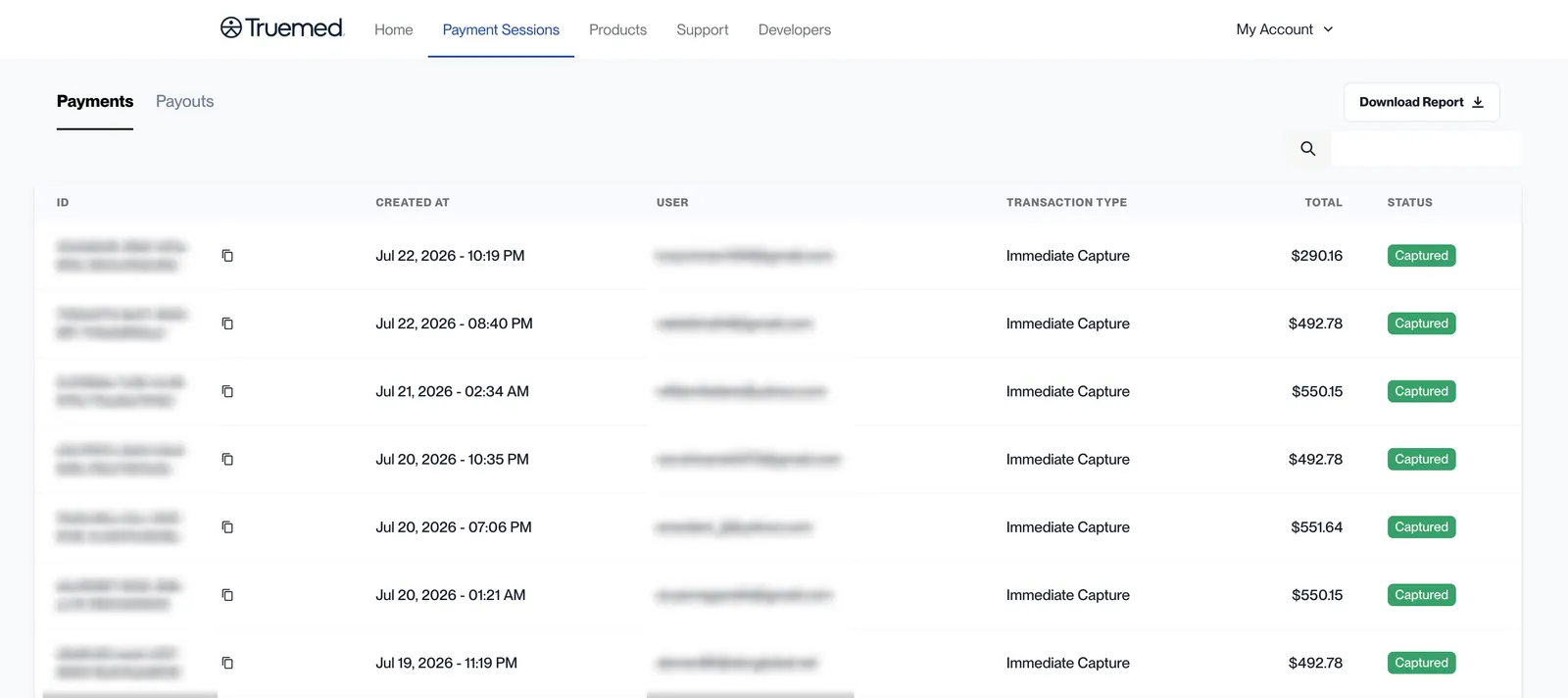 Truemed Dashboard Payment Sessions Payments tab