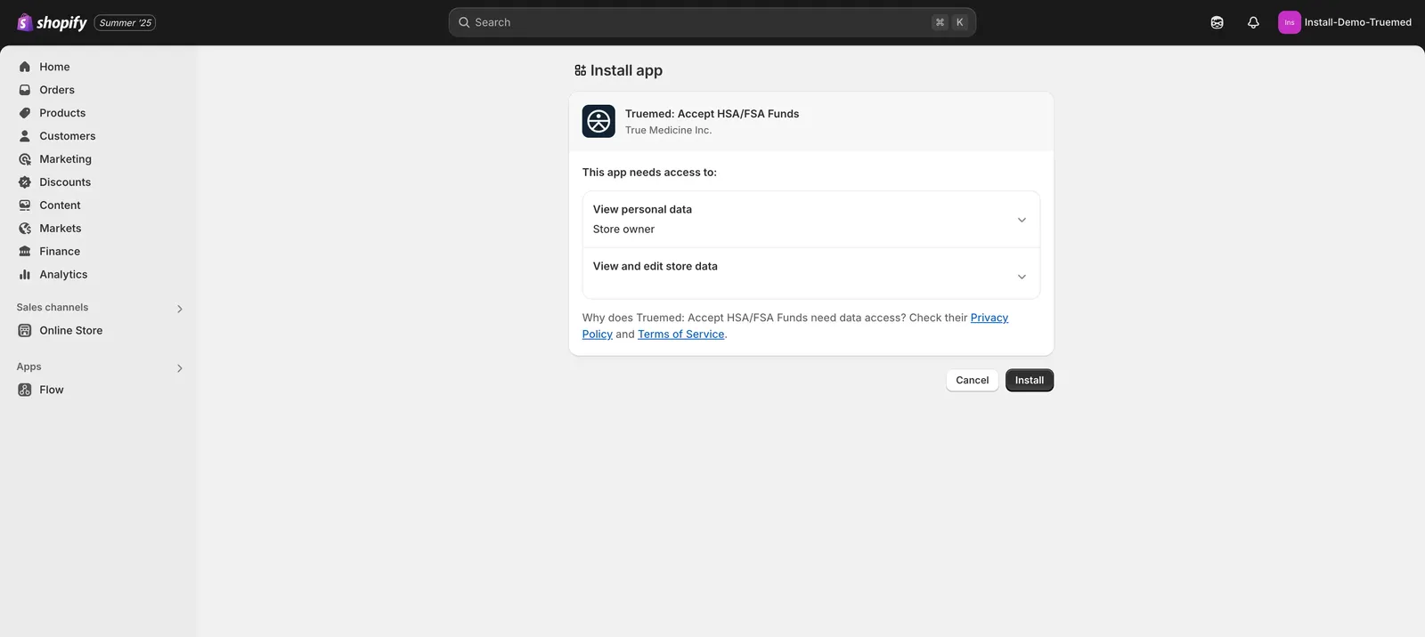 Shopify install app permissions dialog for Truemed