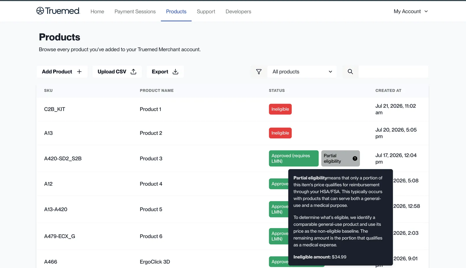 Truemed Dashboard Products page with eligibility statuses