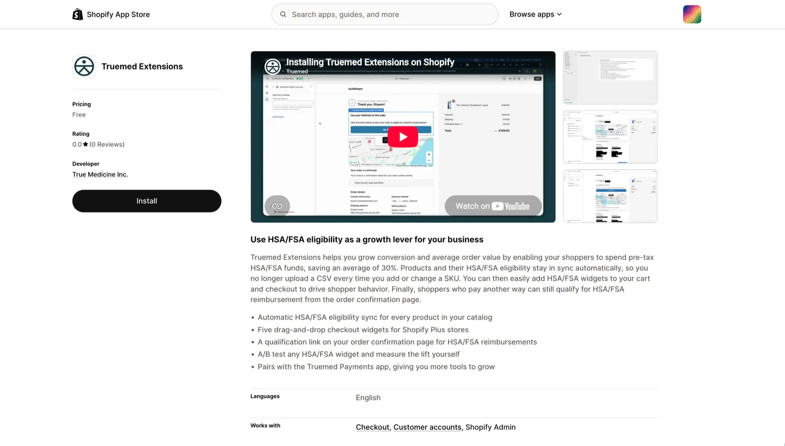 Truemed Extensions App listing on the Shopify App Store