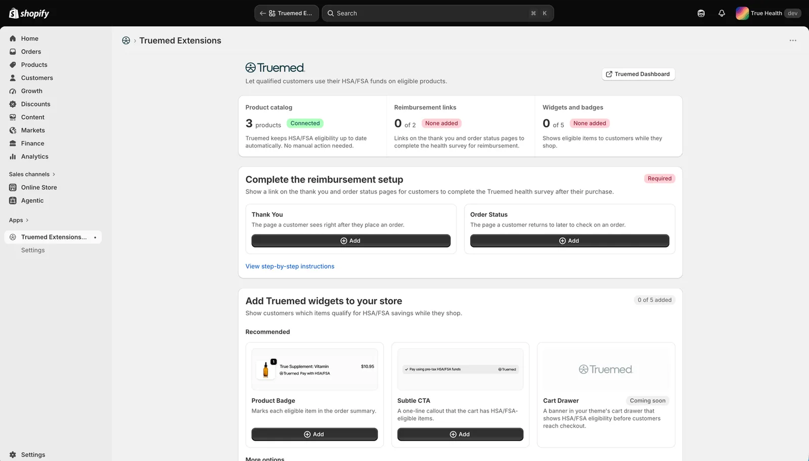 Truemed Extensions App home page in the Shopify admin