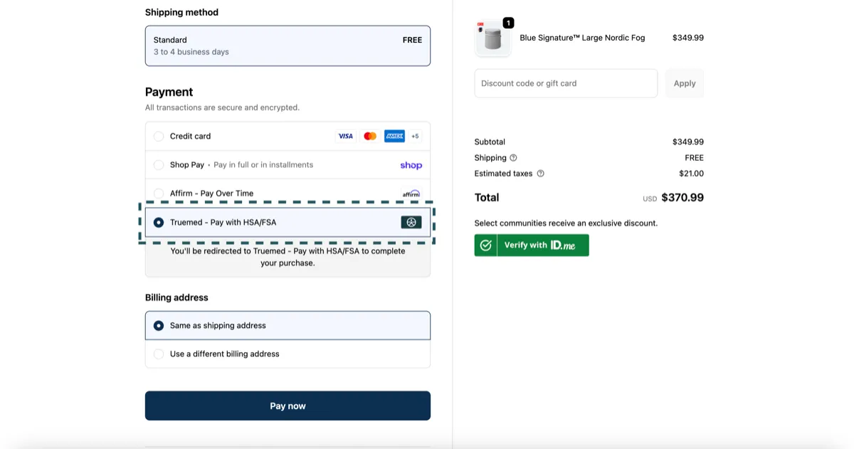 Truemed shown as a payment method at checkout